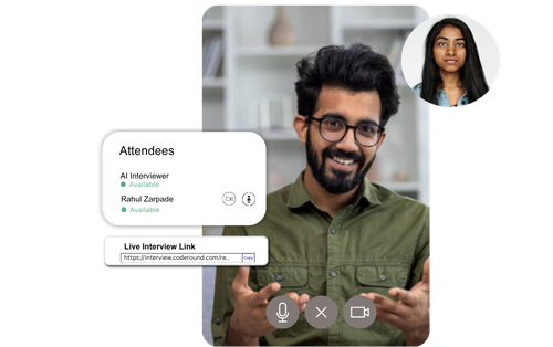 AI-powered first-round interview UI showing candidate video, attendees overlay, live interview link and call controls